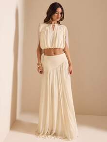 SHEIN BAE Bộ đồ 2 món màu mơ thanh lịch và thời trang dành cho nữ: áo và chân váy. - Màu be - Xem 5
