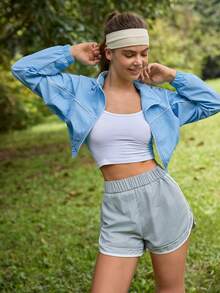 SHEIN Sports Women's High Collar Long Sleeve Short Casual Zip-Up Outdoor Jacket - Blue - View 4