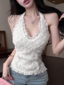 DAZY 優雅V領無袖花卉細肩帶上衣，適合春夏約會、約會之夜、夜店，奶油白色外出上衣 - 白色 - 查看 3