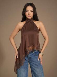 SHEIN PETITE Women's Lace Patchwork Halter Backless Sexy Versatile Top For Dates & Outings,Summer Top ,Petite Women - Coffee Brown - View 5