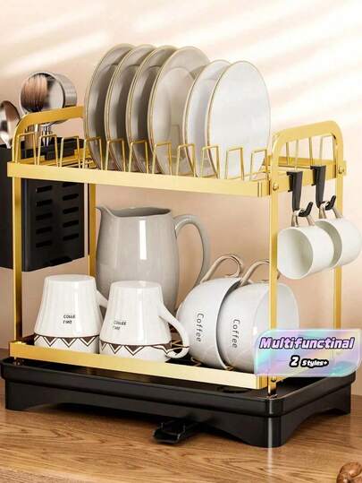 2-Tier Metal Dish Drying Rack With Drainboard, Multifunctional Kitchen Dish Rack With Utensil & Cup Holder, Space-Saving Cup And Carafe Holder For Coffee & Tea Mugs, Ideal For Home Kitchens