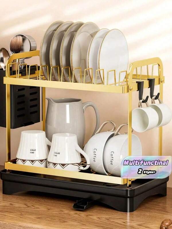 2 Ripiani Portaoggetti Metallico con Vassoio di Sgocciolamento, Portaoggetti Multifunzionale da Cucina con Supporto per Utensili e Tazze, Portabicchieri e Caraffe Salvaspazio per Tazze da Caffè e Tè, Ideale per Cucine Domestiche