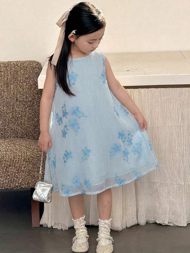 Young Girl Floral Embroidery Bow Decor Round Neck Sleeveless Dress