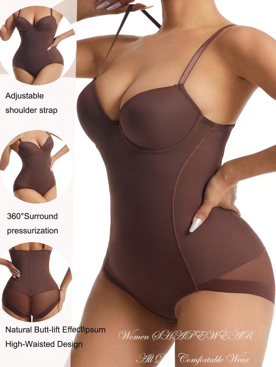 EasyFave Women's Waist Trainer & Shaping Bodysuit With Boning - Coffee Brown - View 1