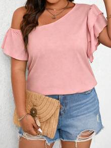 EMERY ROSE Camiseta holgada de mujer talla grande de verano, de estilo casual y vacacional, minimalista, de unicolor, con cuello asimétrico con volantes - Rosa - Ver 1