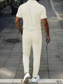 Manfinity Homme Solid Color Regular Shoulder Short Sleeve Front Button Casual Daily Outfit - Beige - View 2