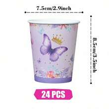 Juego desechable de platos, servilletas y vasos de papel con corona de mariposa morada, sirve para 24 invitados. Este juego de vajilla desechable de papel es adecuado para cumpleaños, bodas, fiestas temáticas y picnics familiares. - Ver 8