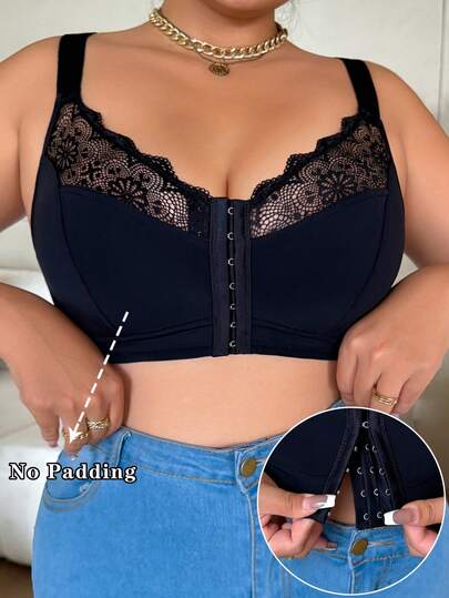 DesireSculpt 1pc Plus Size Front Closure Lace Patchwork Bra