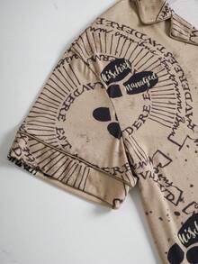 HARRY POTTER X SHEIN 男士字母印花单排扣短袖上衣和短裤休闲家居服套装 - 銅色 - 查看 5