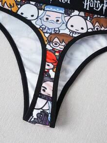 HARRY POTTER X SHEIN Celana Dalam Thong Kasual Wanita dengan Pita Huruf di Pinggang - Hitam - View 3