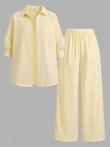 SHEIN Teen Girls' Summer Lightweight Yellow Striped Shirt And Pants Set, Casual Vacation Outfit - Yellow - View 3