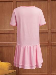 HARRY POTTER X SHEIN 2pcs/Set Cute Style Tween Girl T-Shirt Set, Round Neck Short Sleeve Fitted Comfortable Top Paired With Double-Layer Skirt, Collaboration T-Shirt Set - Pink - View 2