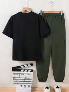 Coolqubz 2pcs/Set Teens' Casual Round Neck Printed T-Shirt And Drawstring Pants Set, Suitable For Daily, Commuting, Outdoor Wear, Spring/Summer - Army Green - View 2