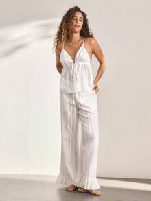 Ocili Đồ mặc nhà thoải mái tự nhiên, vải dệt jacquard cotton, bộ đồ ngủ không tay cho nữ với quần ống rộng có bèo nhún ở gấu quần. - trắng - Xem 3