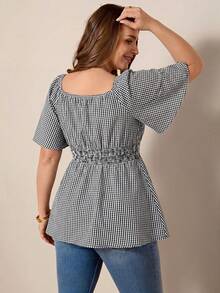 Comfylo Off-Shoulder Square Neck Flowy Hem Plus Size Blouse Formal Vacation Black And White Summer Casual - Black and White - View 3