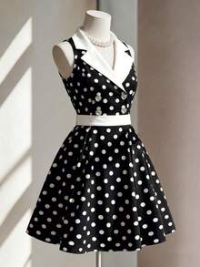 Fine & Folde Sleeveless Waist Splicing Polka Dot A-Line Elegant Romantic Sophisticated Ladies Dress - Black and White - View 3