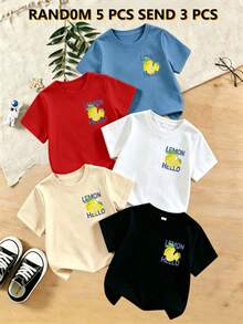 5pcs Randomly Shipped 3pcs, Casual Versatile Cute Lemon Pattern Vacation Style Short Sleeve Soft Top 3-Piece Set, Black/Blue/Apricot/Red/White Short Sleeve Summer Comfortable Casual Clothing, Summer Outing Photography Indoor Holiday Gift Fruit Print T-Shirt - Multicolor - View 2