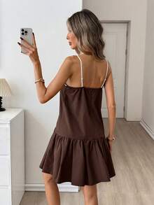 Easowa Gaun A-Line Berpotongan A dengan Blok Warna dan Hem Bergelombang, Gaun Mini Gaya Vintage Kasual Longgar Elegan untuk Wanita, Gaun Liburan Musim Semi/Panas Bergaris Cokelat - Coklat - View 6