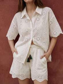 Dazy-Less 2pcs Women Casual Embroidered Single-Breasted Top And Shorts Set, Suitable For Spring And Summer - White - View 8