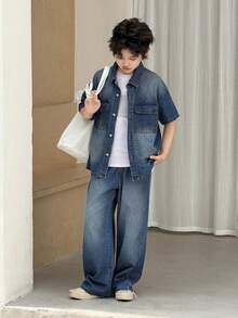 DAZY Boys' Denim Collared Short Sleeve Jacket + Straight Leg Pants Casual Suit (Plus Size) - Medium Wash - View 5