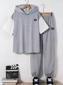 SHEIN 儿童两件套青少年男童休闲连帽短袖T恤短裤套装，街头朋克摇滚校园风，适合春夏日常穿着、运动、郊游、上学、派对、节日、拍照等场合。 - 灰色 - 查看 3