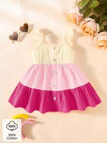 SHEIN Newborn Baby Contrast Color Ruffle Front Button Dress - Hot Pink - View 3