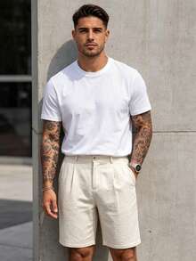 Manfinity CasualCool Quần short nam dáng suông, túi xéo, chất liệu vải lanh, rộng đến đầu gối, thoáng mát, màu trơn, cơ bản cho mùa hè. Quần short nam mùa hè, quần short nam thường ngày, quần short kaki nam, quần Bermuda nam, quần short vải lanh cho nam. Một món quà tuyệt vời cho bạn trai hoặc chồng. - Màu be - Xem 6