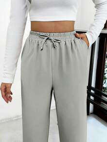SHEIN PETITE Petite Pants With Drawstring, Slanted Pockets - Grey - View 6