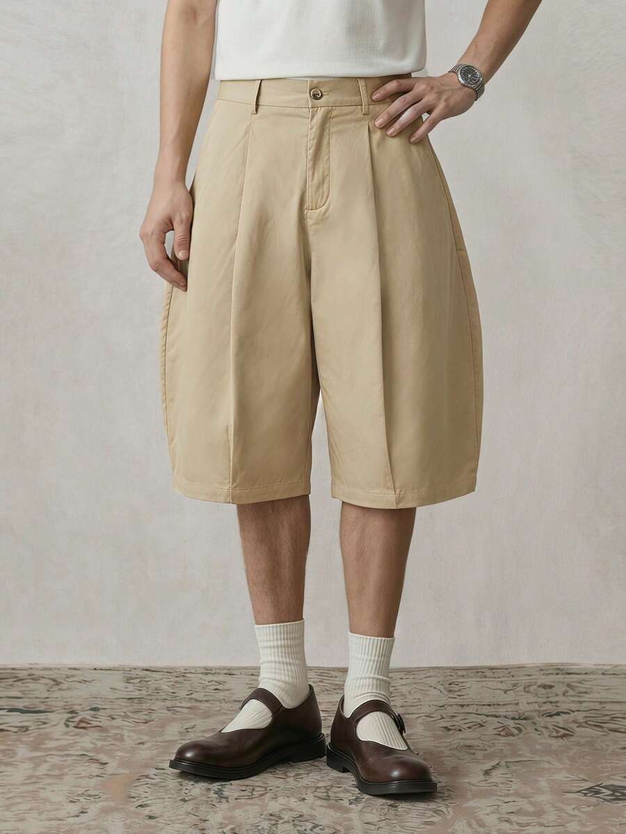 SWAVVY Pantalones cortos casuales de unicolor para hombres - Caqui - Ver 1