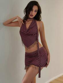 SHEIN Allurite Y2K Retro White Polka Dot Halter Neck Tassel 2-Piece Set, Fitted V-Neck Halter Top And Bodycon Mini Skirt, Party Vacation Outfit Summer - Multicolor - View 9