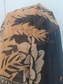 Fembélia 女士沙滩装夏季网纱印花V领修身腰身优雅度假连衣裙罩衫 - 黑色 - 查看 6
