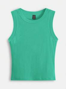 SHEIN BASICS 女士纯色罗纹圆领休闲吊带衫 - 綠色 - 查看 8