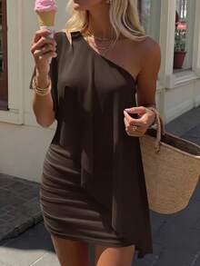 Aloruh 女士纯色休闲派对迷你连衣裙 - 咖啡 - 查看 4