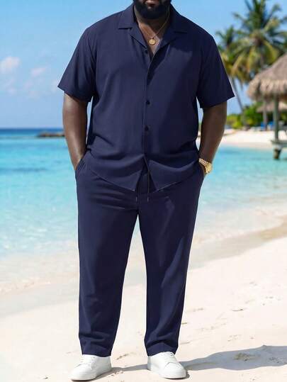 ResortEase Plus Size Men's Solid Color Cuban Collar Shirt + Drawstring Elastic Waist Pants Set, Men's Casual Suit