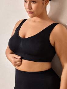 Veilyse 1 pieza Sujetador deportivo sin costuras de doble capa y unicolor para mujer de talla grande, ropa interior de yoga y fitness cómoda y inalámbrica (con almohadillas no fijas desmontables) - Negro - Ver 11