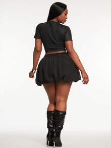 Radiana Plus Size Women's Cherry Pattern Round Neck Slim Fit Tee&Bubble Elastic Waist Mini Skirt,Black,Summer,Casual,Bussines,Night Out Club Western Wear - Black - View 8