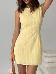 SHEIN EZwear 女士时尚百搭条纹露背性感连衣裙 - 鵝黃色 - 查看 4