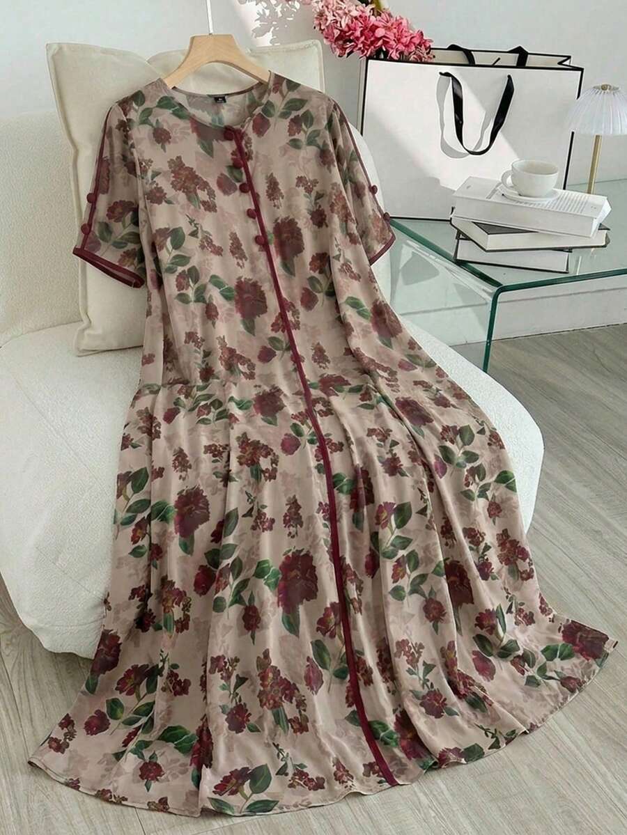 Al Najma 女士优雅印花前扣短袖连衣裙，夏季