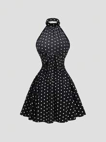Sweetra Vintage Retro Polka Dot Neckholder Kleid, rückenfrei, tailliert, Schmetterling, Urlaub, Schwarz und Weiß, Sommer - Schwarz - Übersicht 2