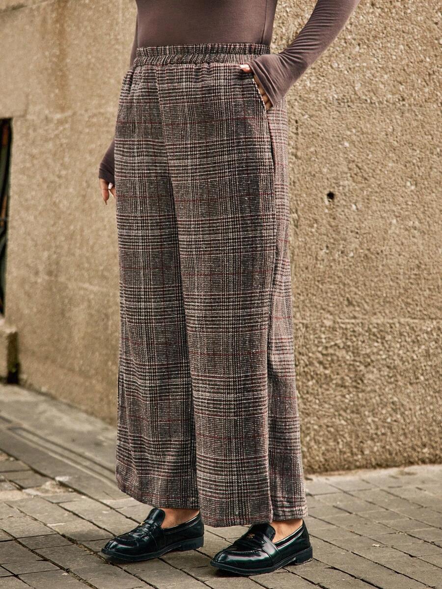 SHEIN LUNE Plus Size Women Elastic Waist Casual Plaid Printed Straight Leg Pants Fall - Multicolor - View 1