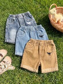 SHEIN Vintaside Kids 3pcs/Set Baby Boys' Elastic Waist Decorative Drawstring Casual All-Match Loose Denim Shorts - Multicolor - View 3