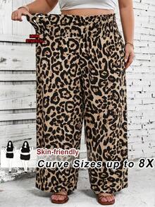 SHEIN CURVE+ 大码花卉豹纹阔腿裤，适合夏季、海滩度假、音乐节等场合 - 彩色 - 查看 1