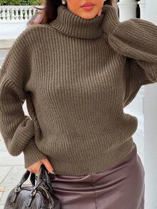 NegzBox Jersey de cuello alto de color liso, otoño/invierno - Caqui - Ver 3