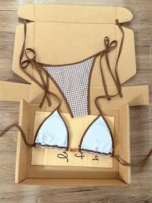 Swim Vcay 2026 Spring/Summer Spaghetti Strap Brown Plaid Random Print Amber Bead + Golden Bead Decor Side Tie Bikini Two Pieces Swimwear Set - Multicolor - View 2