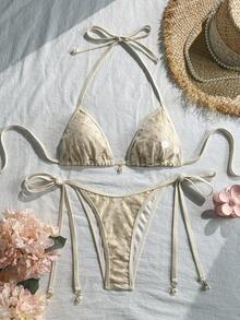 Costavie Swim Bonvoyette 兩件式泳裝，春夏季海灘度假，亮片紋理面料，珍珠裝飾，掛脖三角上衣與側綁下裝性感比基尼套裝 - 杏色 - 查看 6