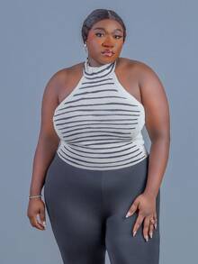 CurvyTilda Áo ôm cổ yếm dệt sọc size lớn phong cách Y2K streetwear cool girl, mặc hàng ngày casual, màu sepia, cho mùa thu xuân, Valentine, phù hợp dáng đồng hồ cát - Nhiều màu - Xem 3