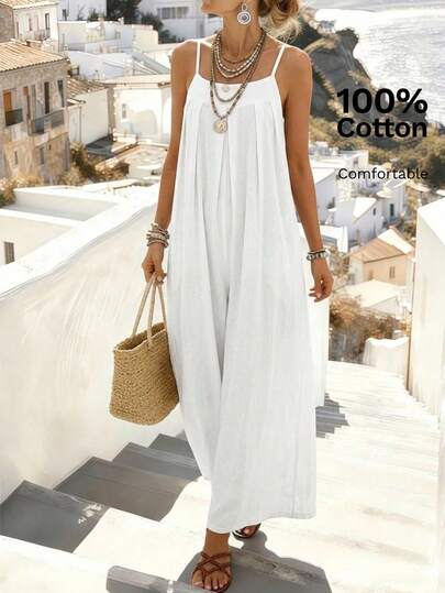 Faunlyn Mono casual plisado de unicolor para mujer para vacaciones