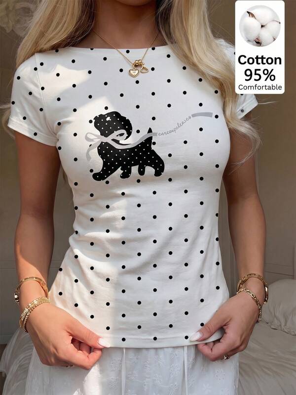 Comfortcana 95% Cotton Casual Minimalist Sexy Off-Shoulder Bow Puppy Polka Dot Short Sleeve T-Shirt, Suitable For Spring & Summer, Cream Striped Design Makes You Look More Radiant, Summer Top Suitable For Daily Commute, Dating, Gathering, Spring, Summer, Christmas, New Year, Thanksgiving, Party, Wedding, Beach, Graduation Ceremony, Fashion, Elegant, Casual, Outing, Dating, Reservation, Commuting, Shiny, Valentine's Day, Elegant, Vacation, Casual, Y2K, Outing, Graduation Ceremony, Etc.