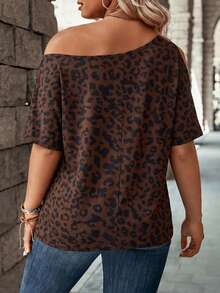 Casual Vintage Leopard Print Off-Shoulder Loose T-Shirt, Plus Size - Multicolor - View 2