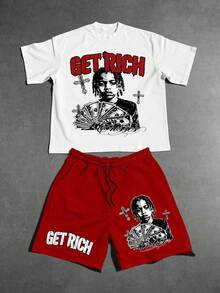 Manfinity Roghcode Men Streetwear Set,White And Red ""GET RICH"" Portrait Print Short Sleeve T-Shirt And Shorts,Retro Y2K Hip Hop Style For Summer Music Festival Beach - Multicolor - View 2